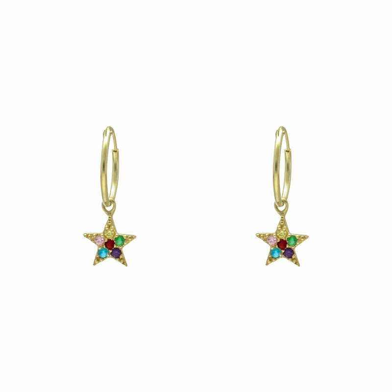 Argollas estrella circonitas colores 14 MM plata chapada oro