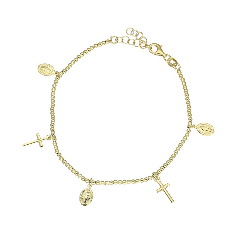 Pulsera bolitas milagrosa y cruz plata chapada oro