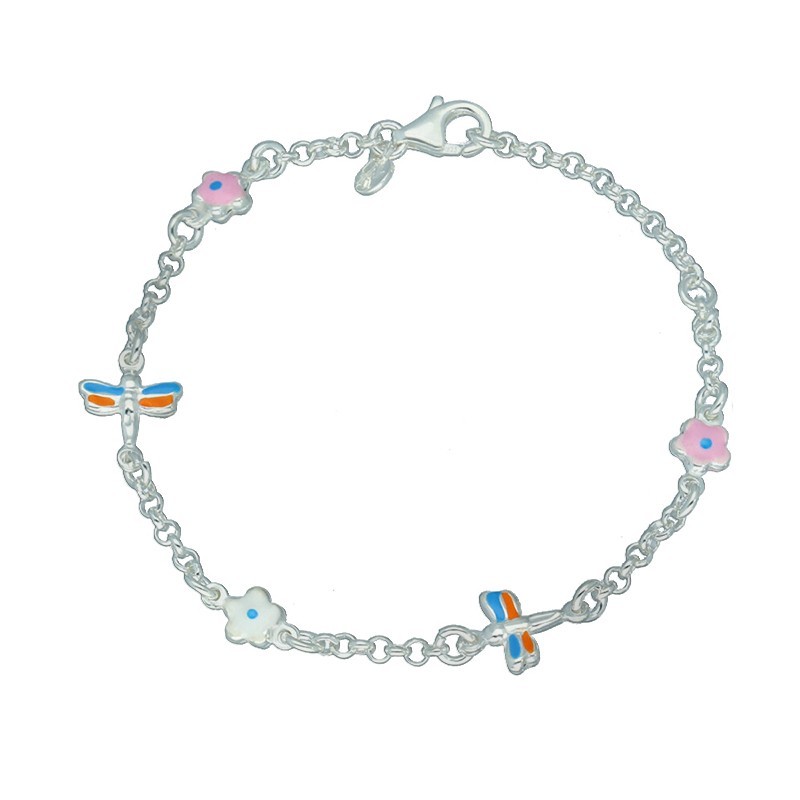 Pulsera infantil libelula y flor esmalte plata de ley