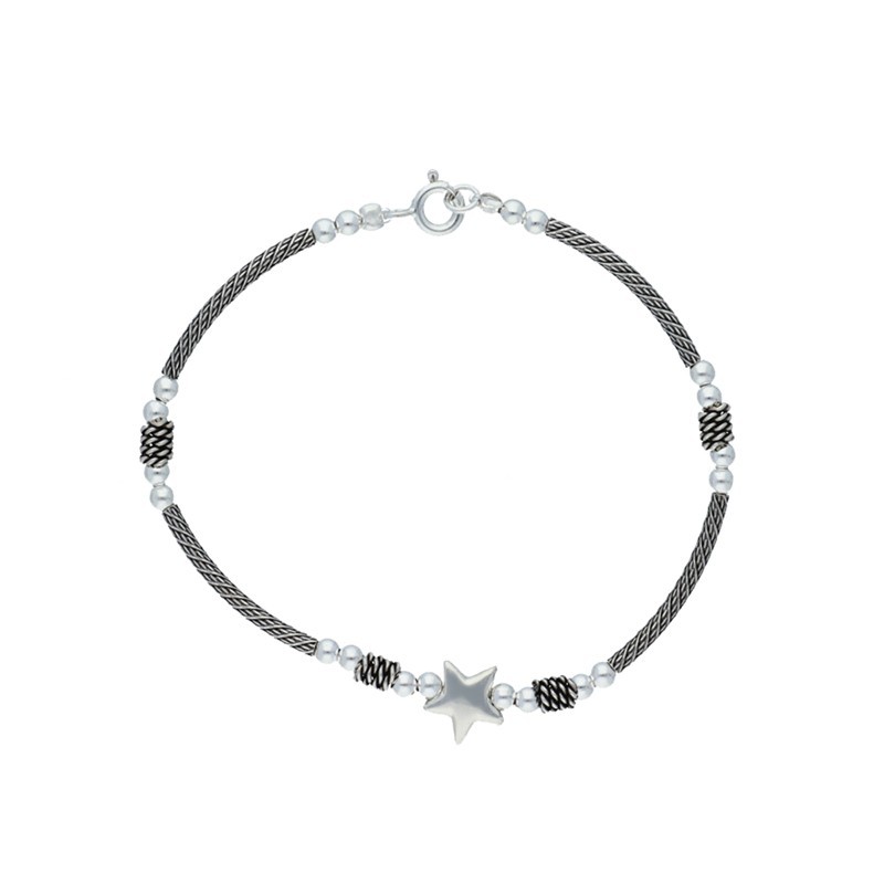 Pulsera envejecida con bolas y estrella plata de ley