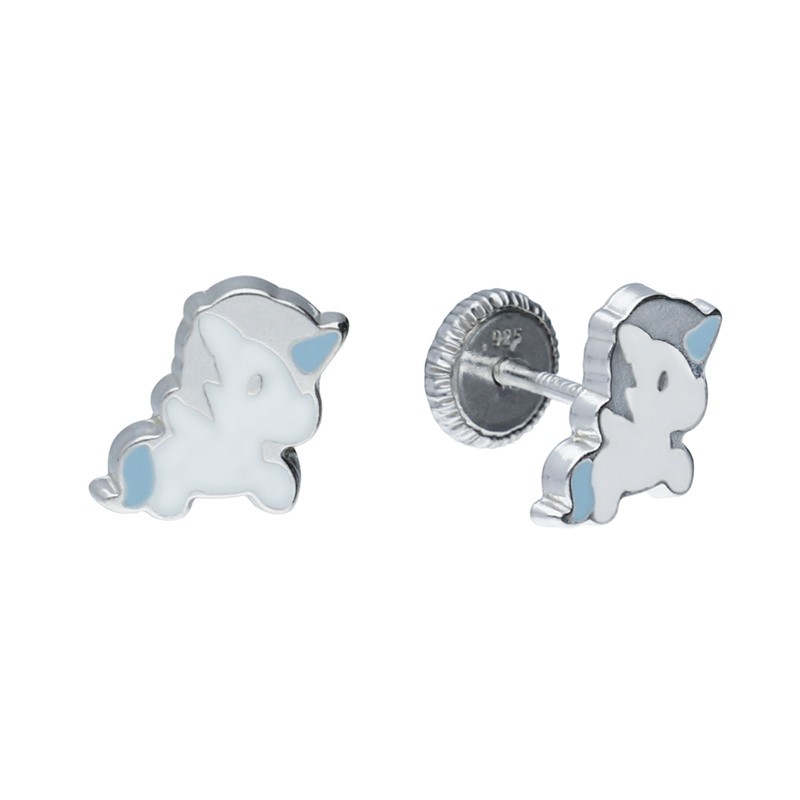 Pendientes rosca unicornio esmalte celeste plata de ley