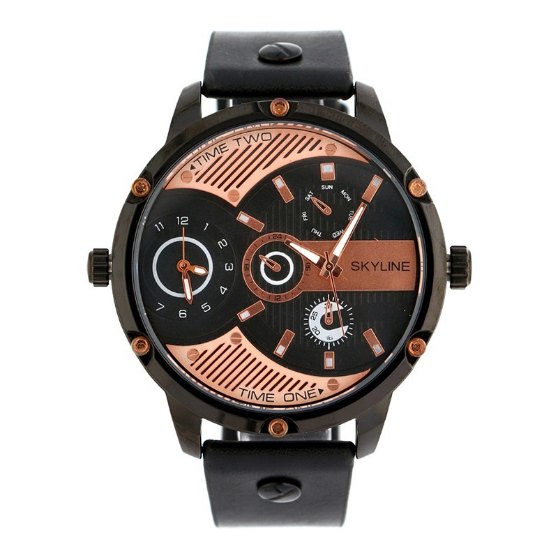 Reloj Skyline Analógico Piel Negro Esfera Negra Hombre