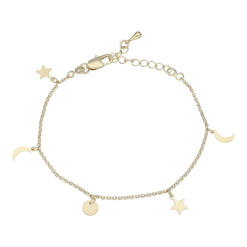 Pulsera estrellas lunas y discos chapada en oro (1 micra)