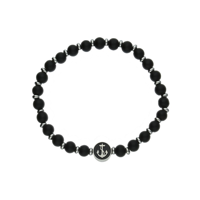 Pulsera elástico bolas negras ancla acero