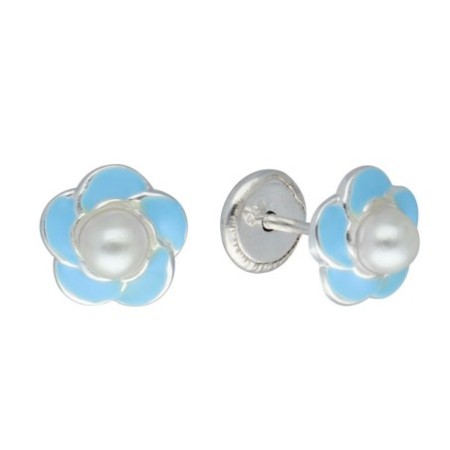 Pendientes rosca flor esmalte perla plata de ley