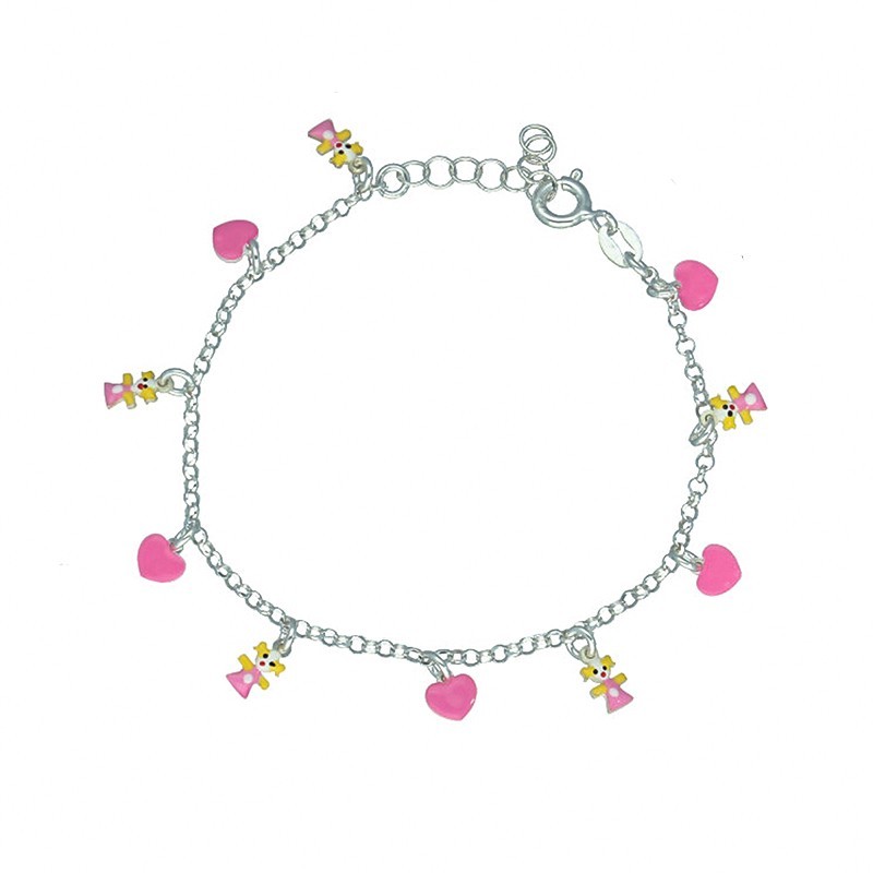 Pulsera infantil corazón y muñeca esmalte plata de ley