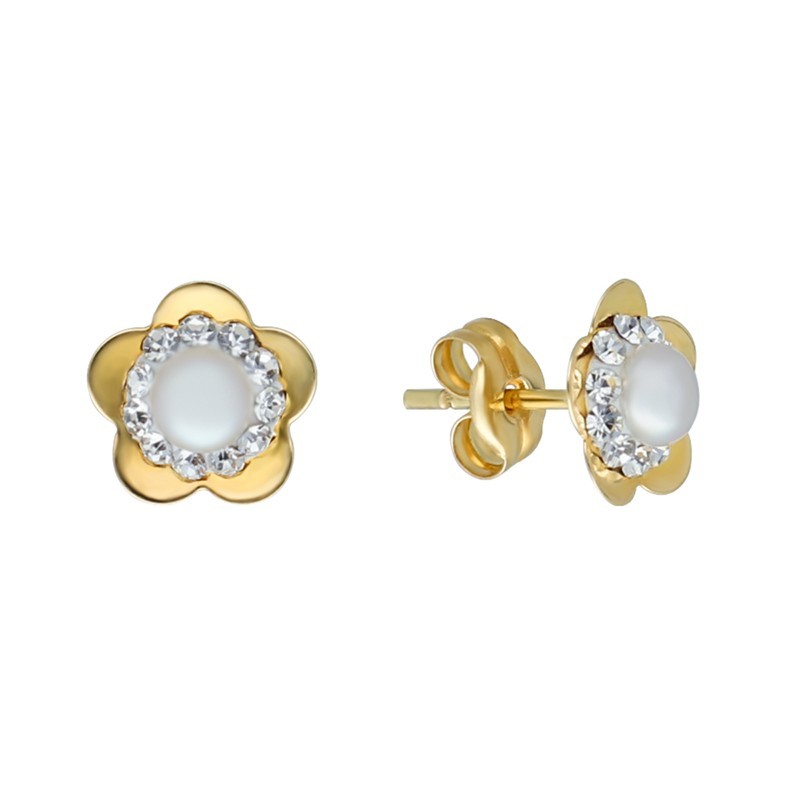 Pendientes presión flor perla circonitas Oro 18 K